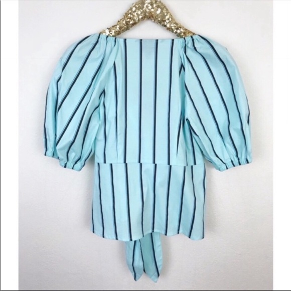 NWT Worthington Striped Print Short Sleeve Wrap Blouse Top Blue Black Size XS - Picture 3 of 5